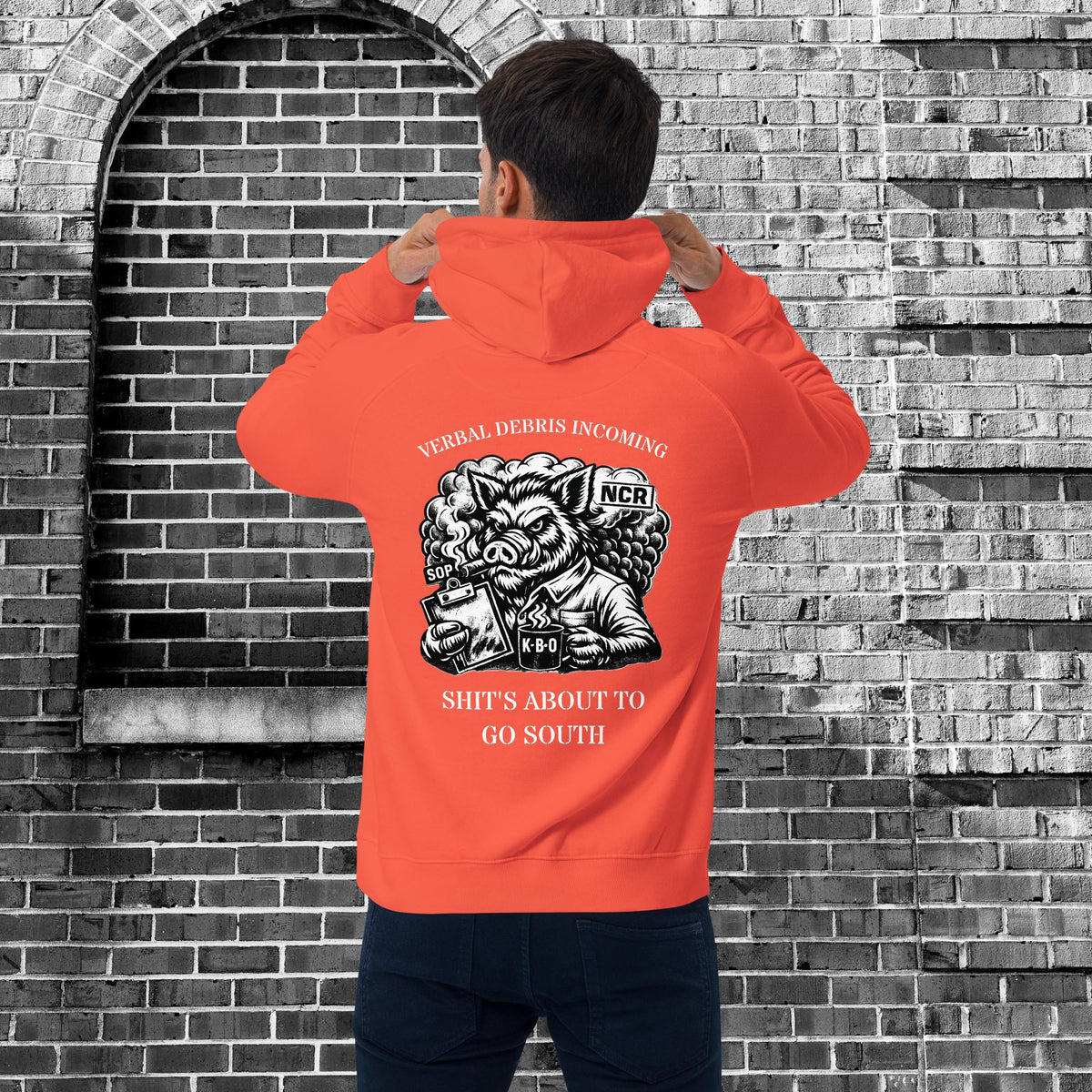 Verbal Debris Incoming Unisex Raglan Hoodie, burnt orange, back view