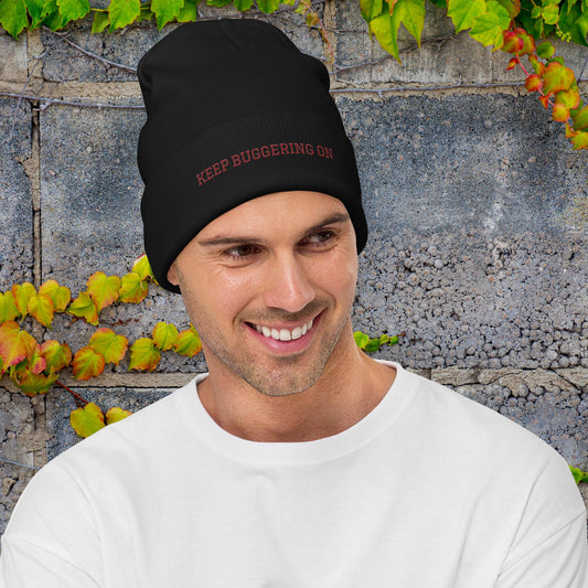 Keep Buggering On Embroidered Beanie, black, front view