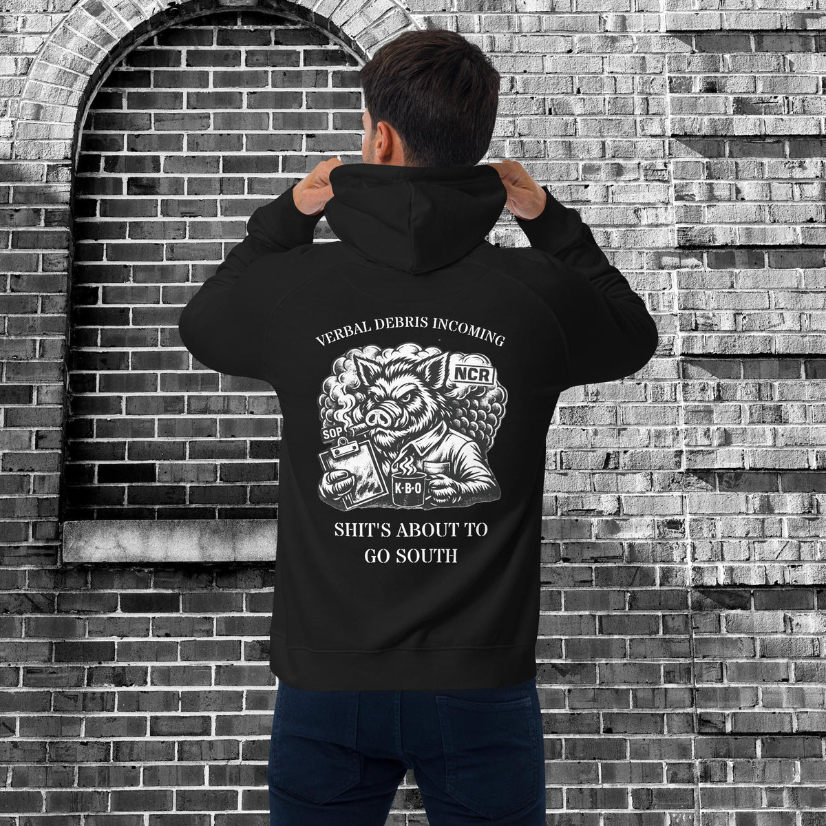 Verbal Debris Incoming Unisex Raglan Hoodie, black, back view