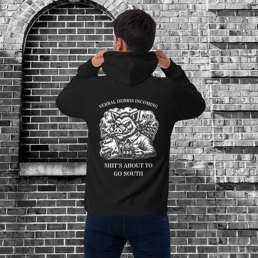 Verbal Debris Incoming Unisex Raglan Hoodie, black, back view