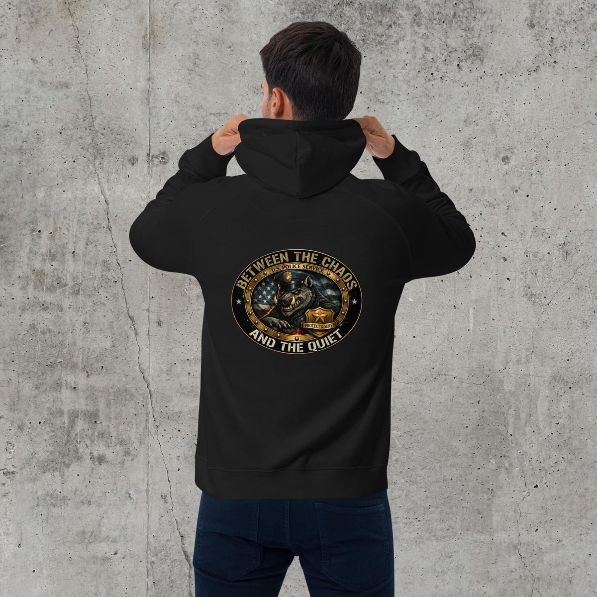 Between The Chaos And The Quiet Unisex Raglan Hoodie | Heavyweight Police Graphic Fleece, black, back view