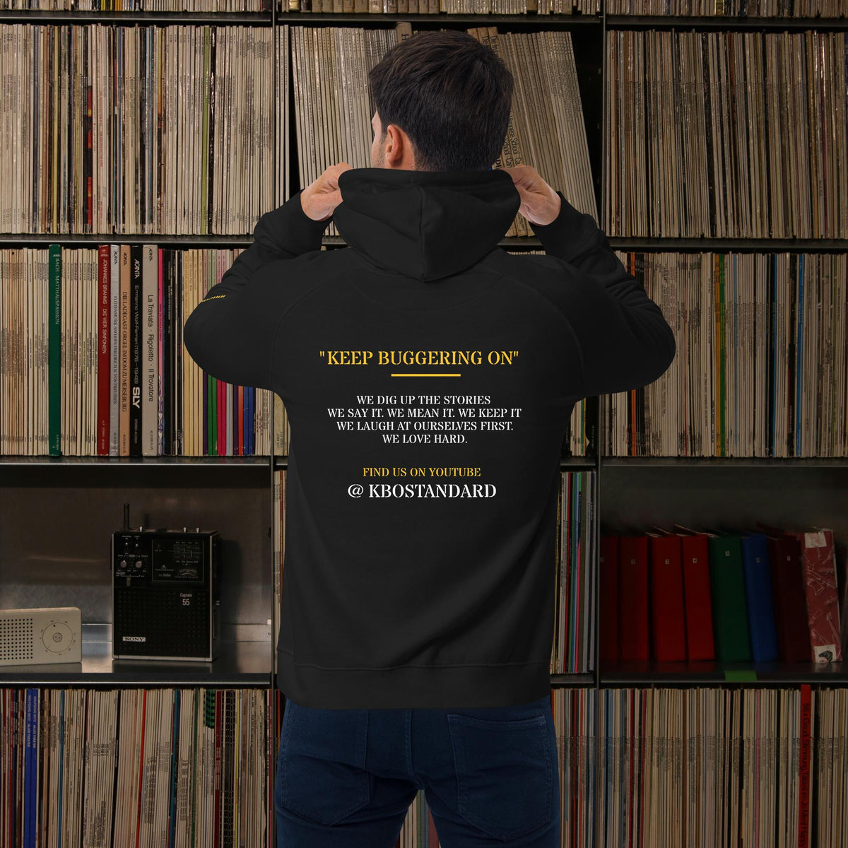 “Keep Buggering On” Premium Eco Raglan Hoodie, black, back view