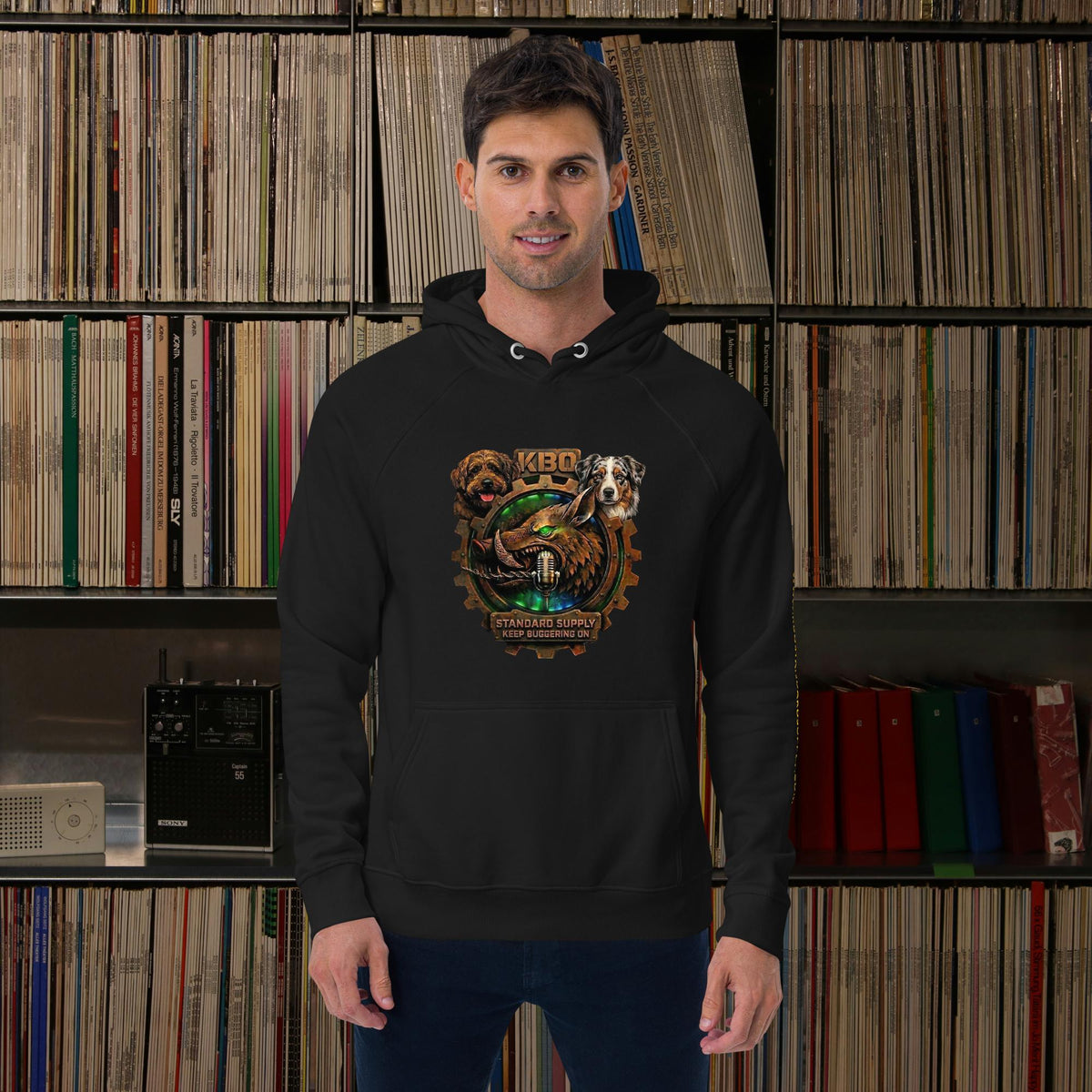 “Keep Buggering On” Premium Eco Raglan Hoodie, black, front view