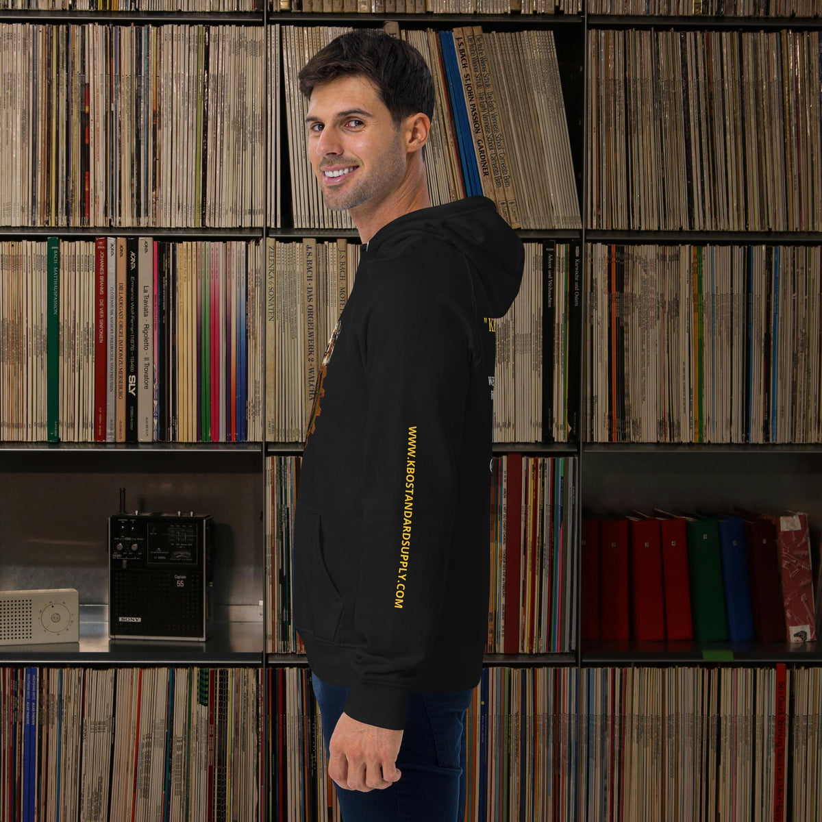 “Keep Buggering On” Premium Eco Raglan Hoodie, black, left view
