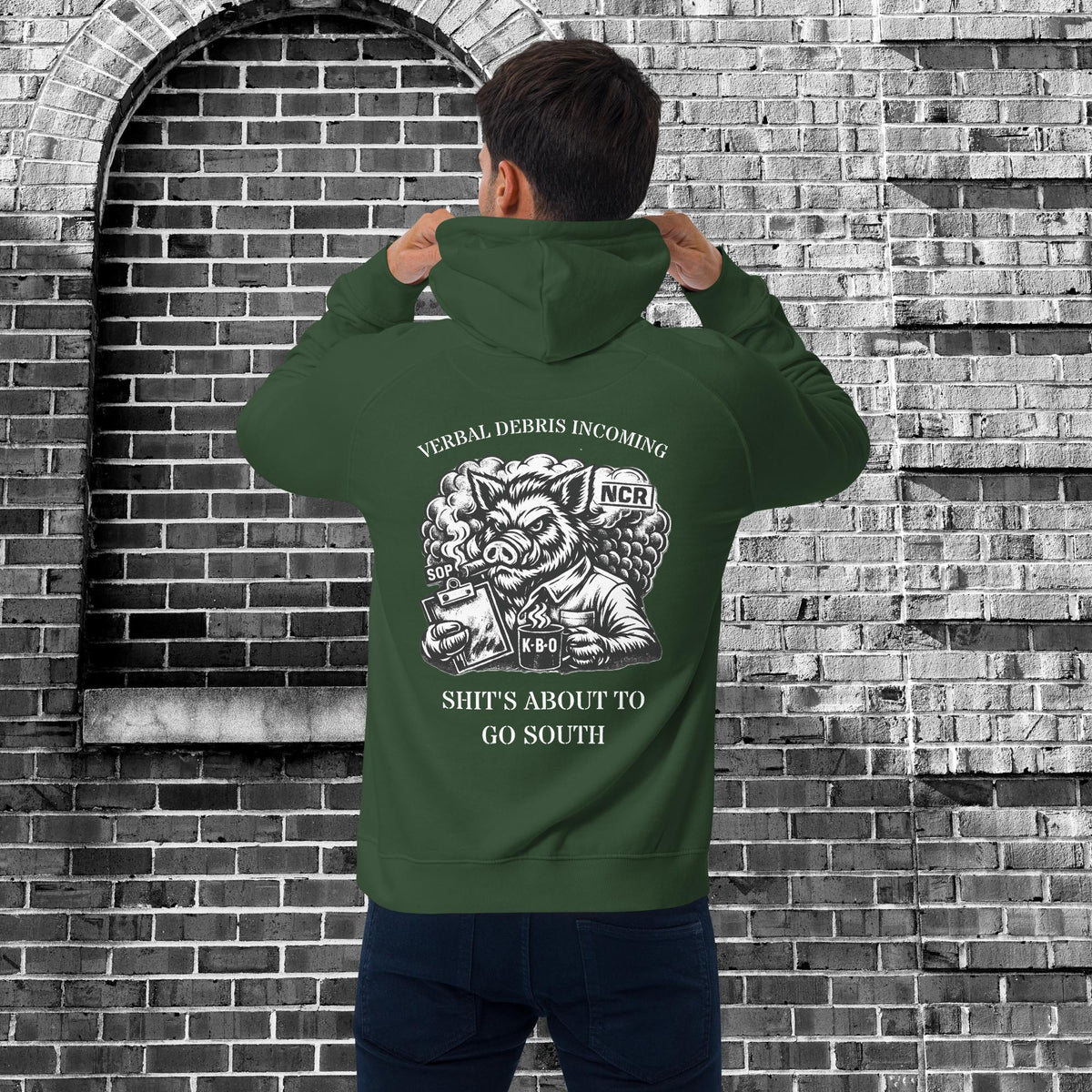 Verbal Debris Incoming Unisex Raglan Hoodie, bottle green, back view