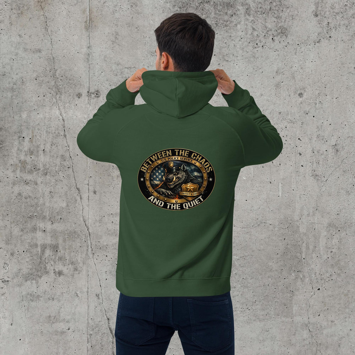 Between The Chaos And The Quiet Unisex Raglan Hoodie | Heavyweight Police Graphic Fleece, bottle green, back view