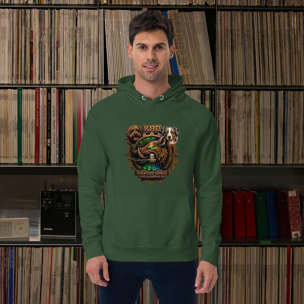 “Keep Buggering On” Premium Eco Raglan Hoodie, bottle green, front view
