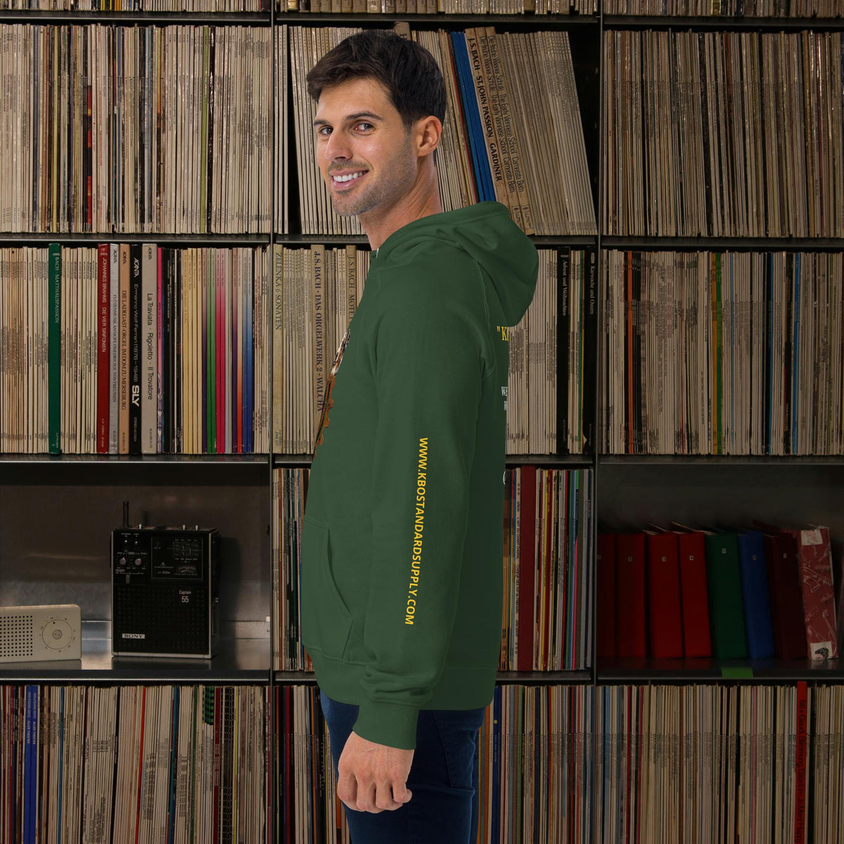 “Keep Buggering On” Premium Eco Raglan Hoodie, bottle green, left view