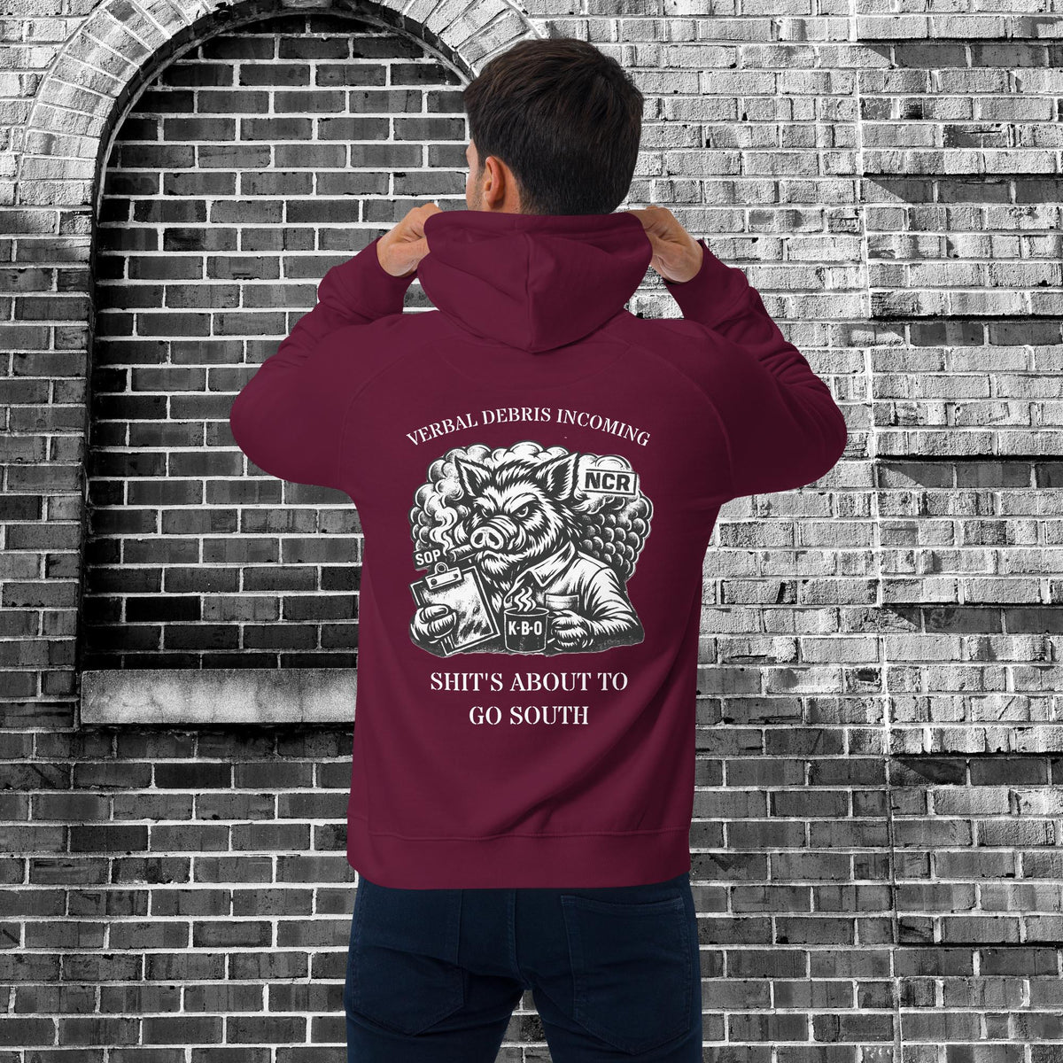 Verbal Debris Incoming Unisex Raglan Hoodie, burgundy, back view