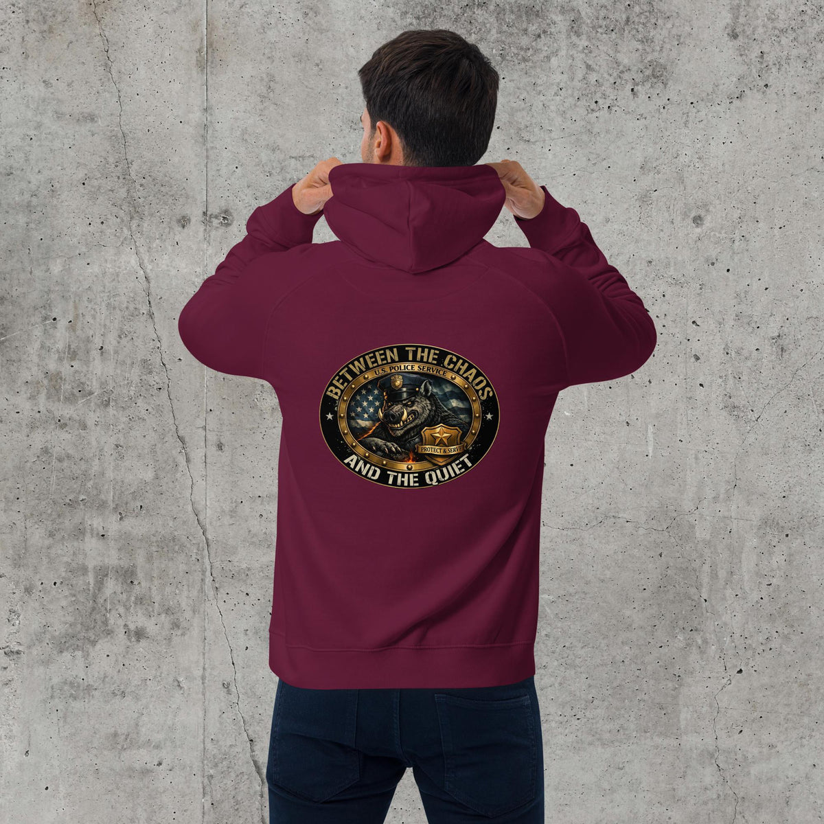 Between The Chaos And The Quiet Unisex Raglan Hoodie | Heavyweight Police Graphic Fleece, burgundy, back view