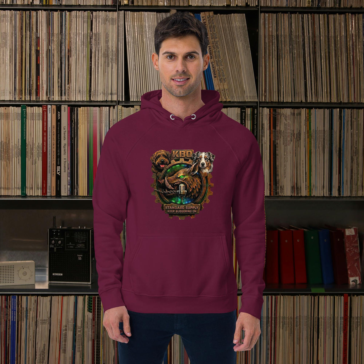 “Keep Buggering On” Premium Eco Raglan Hoodie, burgundy, front view