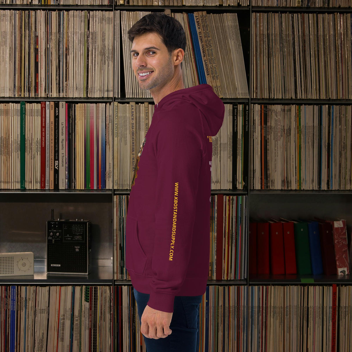 “Keep Buggering On” Premium Eco Raglan Hoodie, burgundy, left view