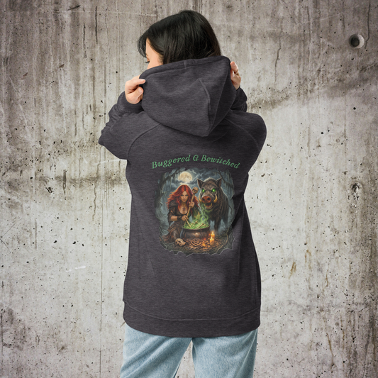 Buggered & Bewitched Unisex Raglan Hoodie, charcoal melange, back view