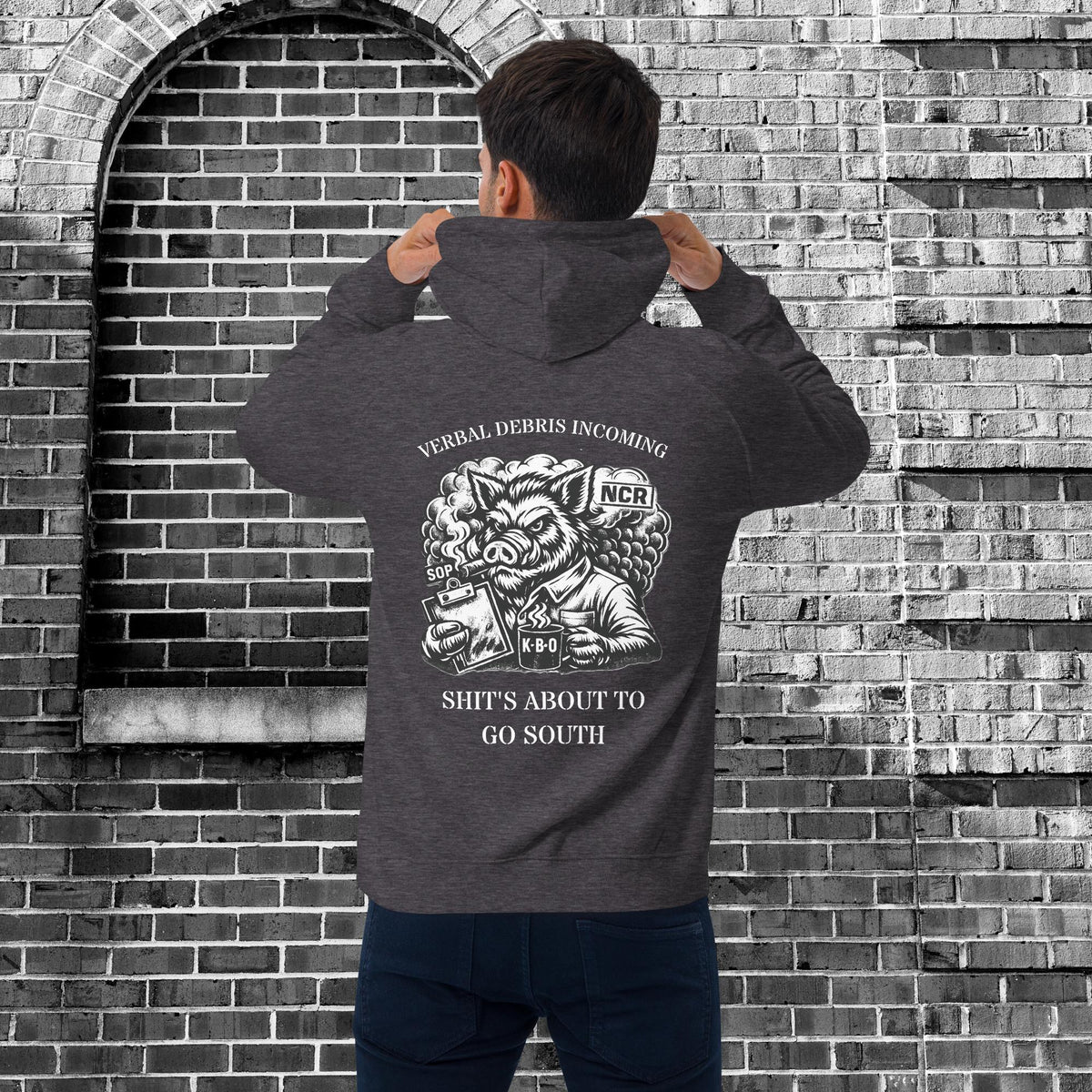 Verbal Debris Incoming Unisex Raglan Hoodie, charcoal melange, back view