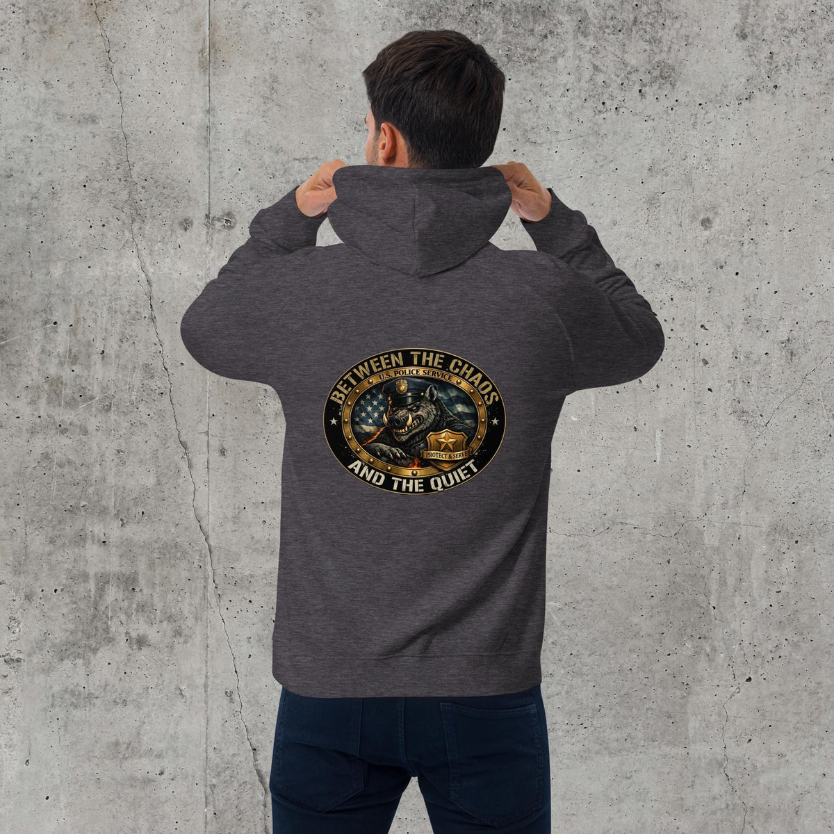 Between The Chaos And The Quiet Unisex Raglan Hoodie | Heavyweight Police Graphic Fleece, charcoal melange, back view