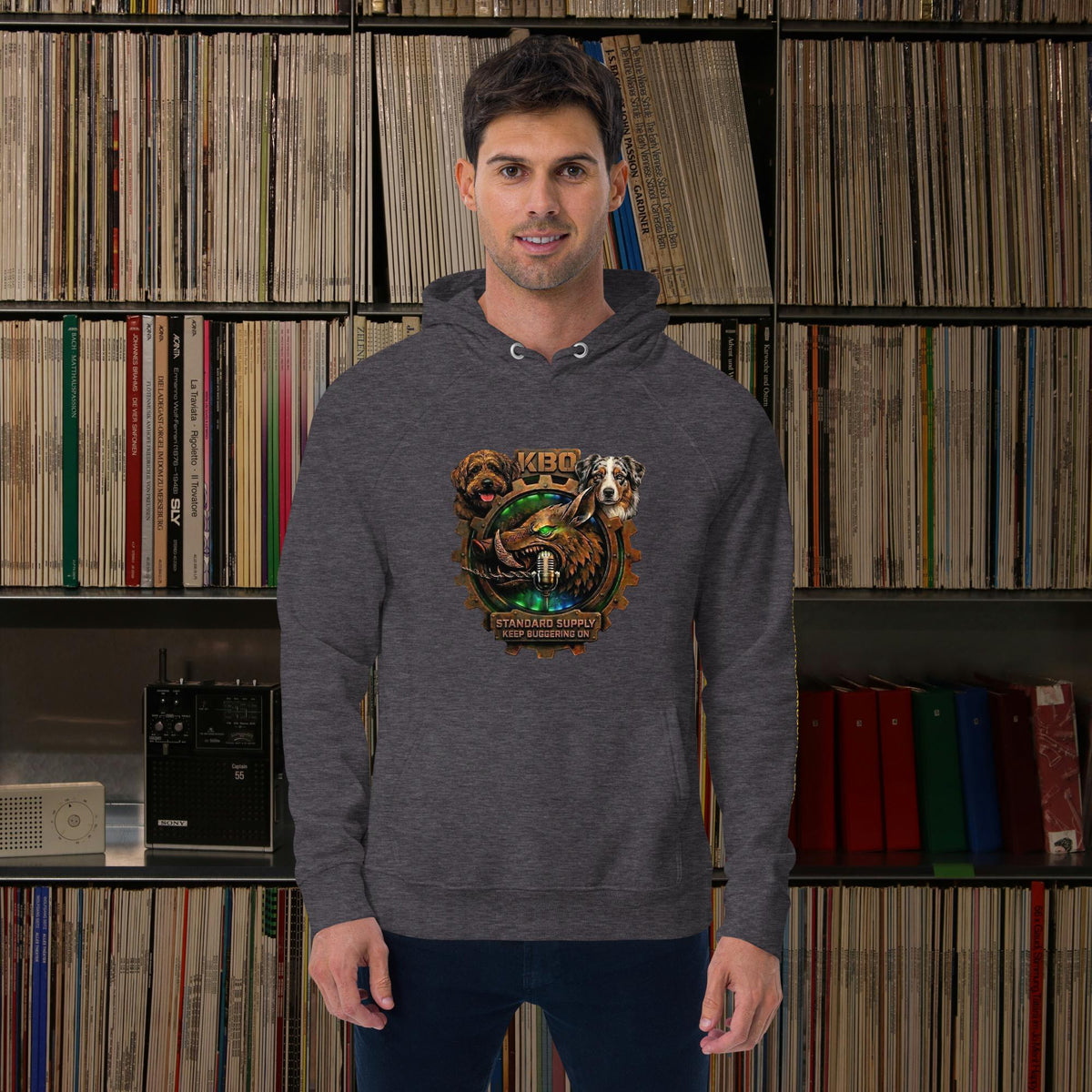 “Keep Buggering On” Premium Eco Raglan Hoodie, charcoal melange, front view