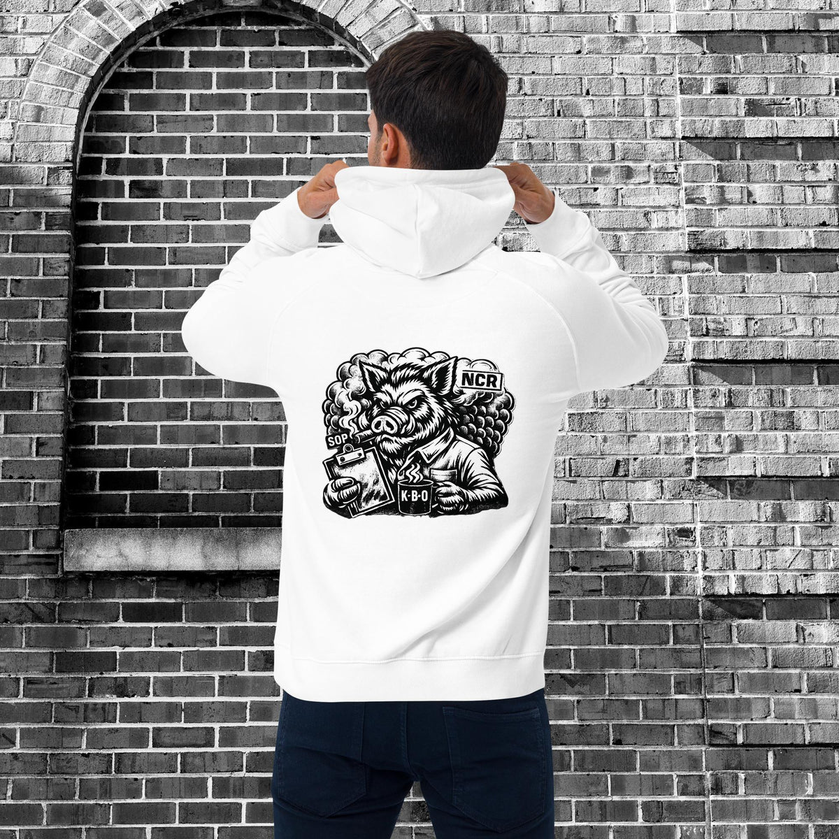 Verbal Debris Incoming Unisex Raglan Hoodie, white, back view