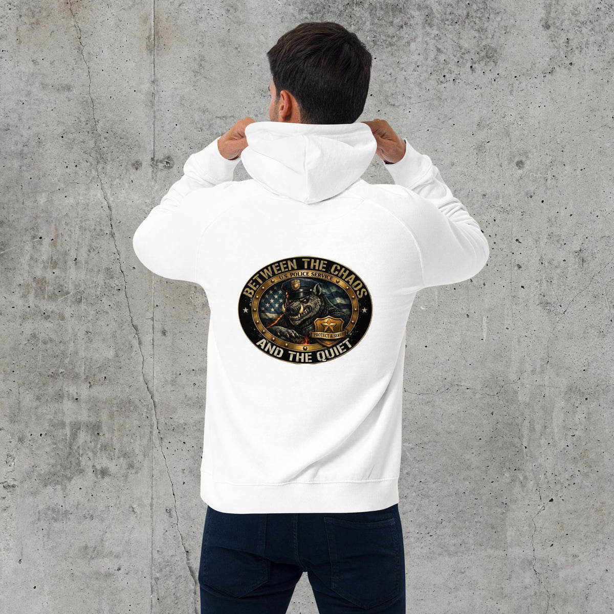 Between The Chaos And The Quiet Unisex Raglan Hoodie | Heavyweight Police Graphic Fleece, white, back view