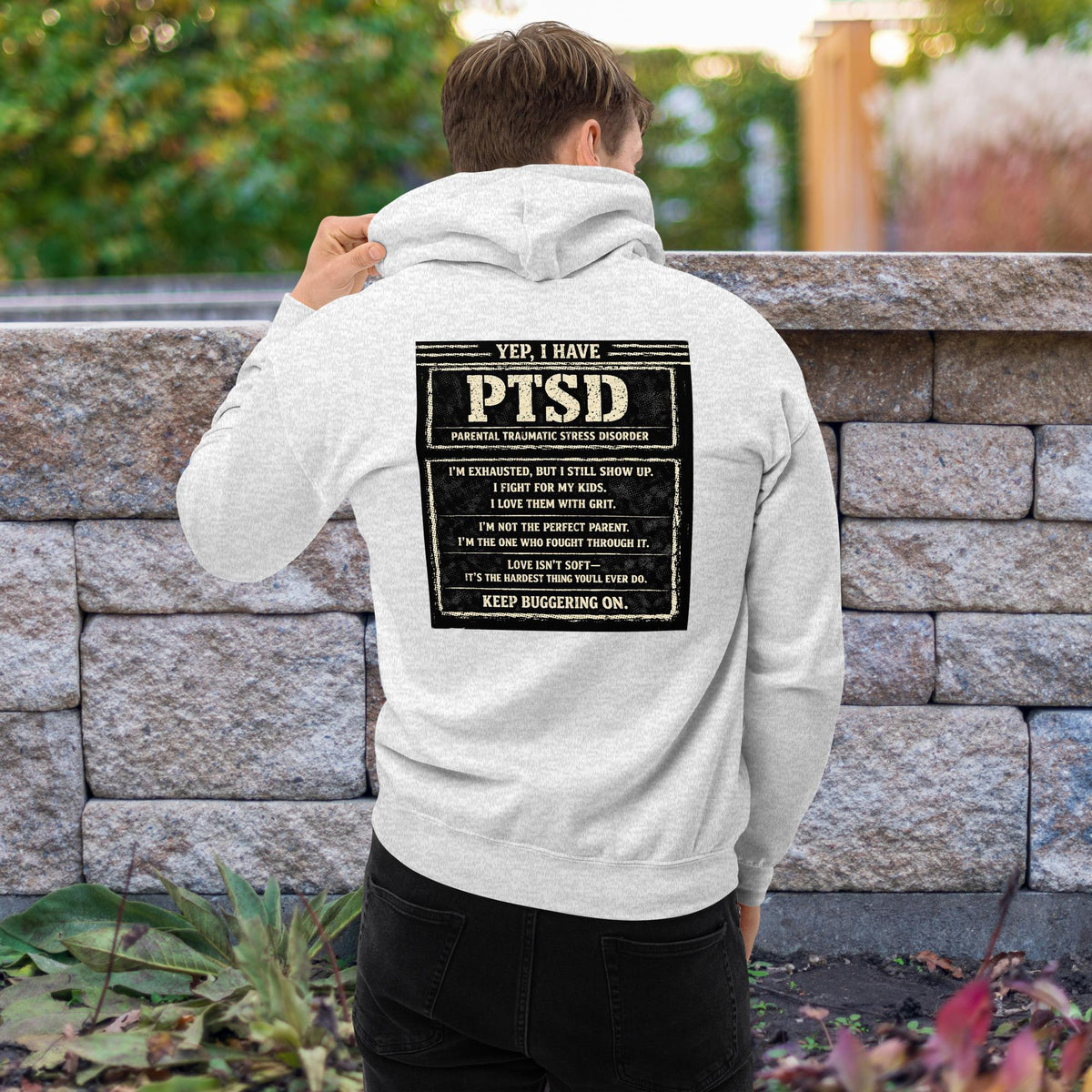 The “KEEP BUGGERING ON” Heavyweight Dad Hoodie — KBO GRIT EDITION, ash, back view