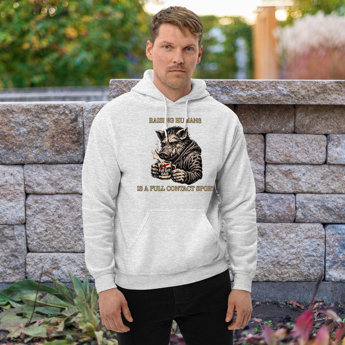 The “KEEP BUGGERING ON” Heavyweight Dad Hoodie — KBO GRIT EDITION, ash, front view