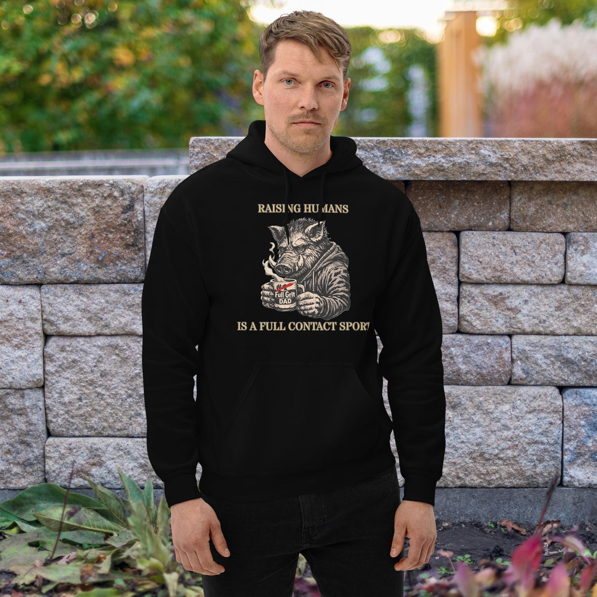 The “KEEP BUGGERING ON” Heavyweight Dad Hoodie — KBO GRIT EDITION, black, front view