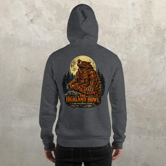 The Highland Howl Heavyweight Unisex Hoodie, dark heather, back view