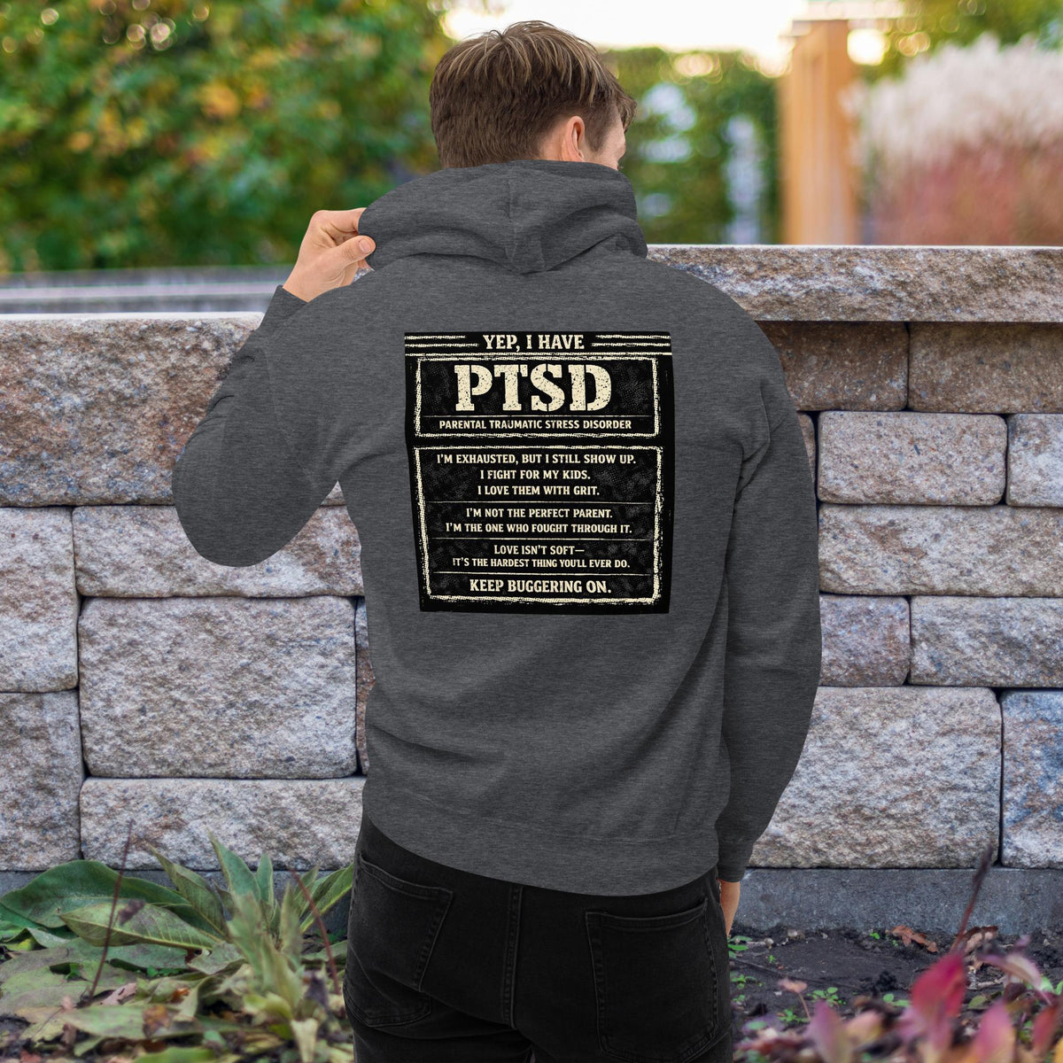The “KEEP BUGGERING ON” Heavyweight Dad Hoodie — KBO GRIT EDITION, dark heather, back view