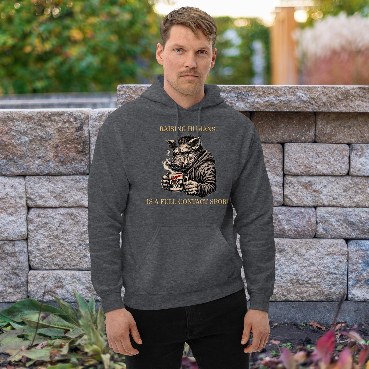 The “KEEP BUGGERING ON” Heavyweight Dad Hoodie — KBO GRIT EDITION, dark heather, front view