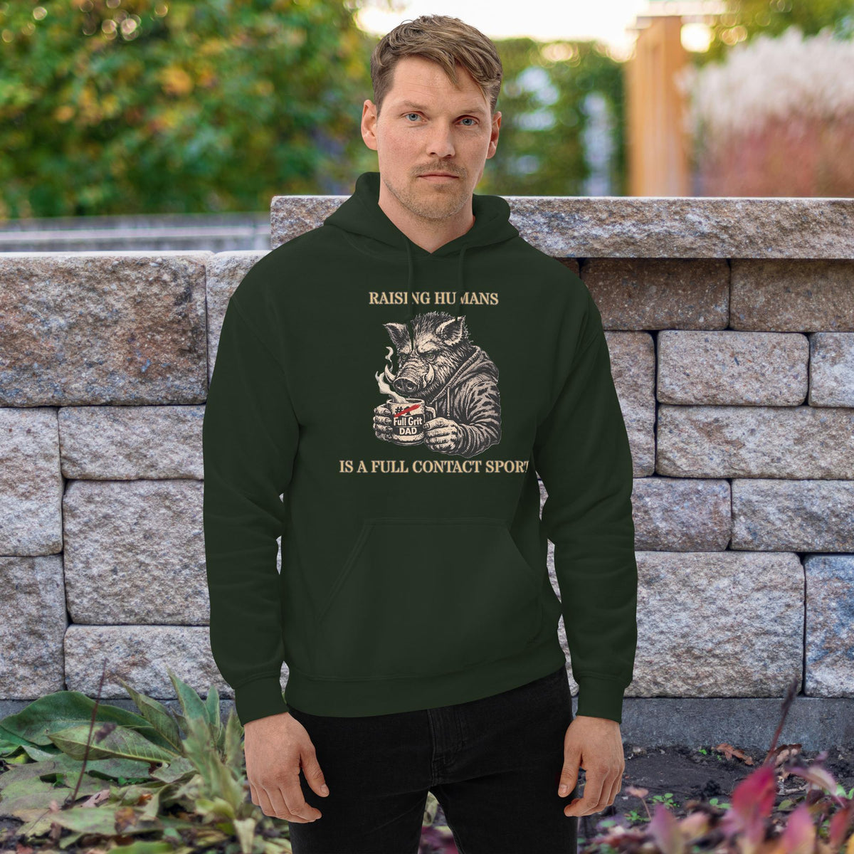 The “KEEP BUGGERING ON” Heavyweight Dad Hoodie — KBO GRIT EDITION, forest green, front view