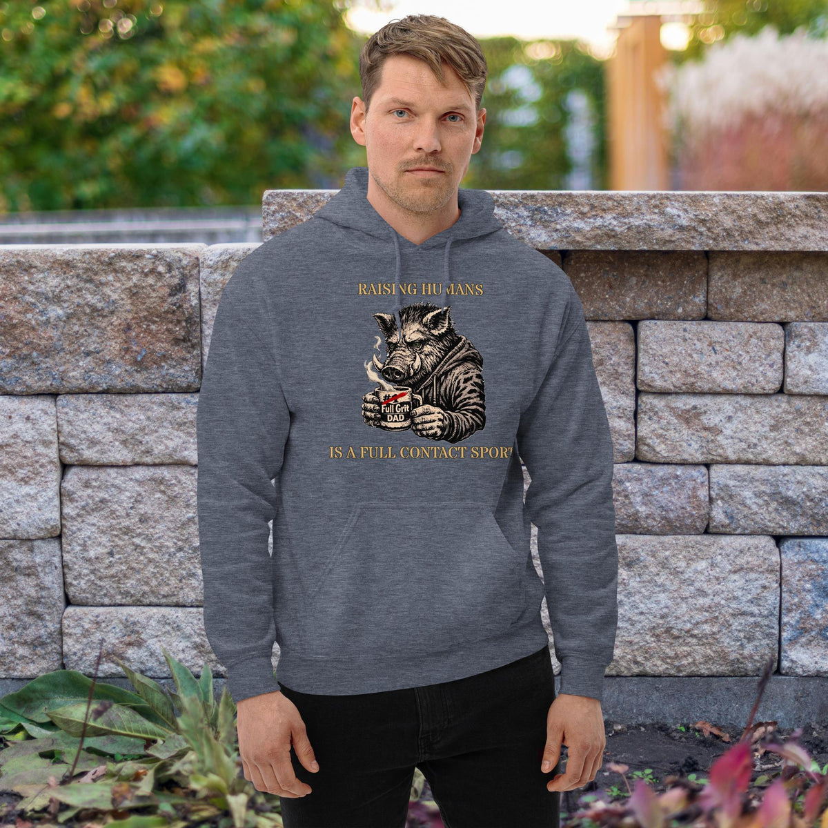 The “KEEP BUGGERING ON” Heavyweight Dad Hoodie — KBO GRIT EDITION, heather sport dark navy, front view