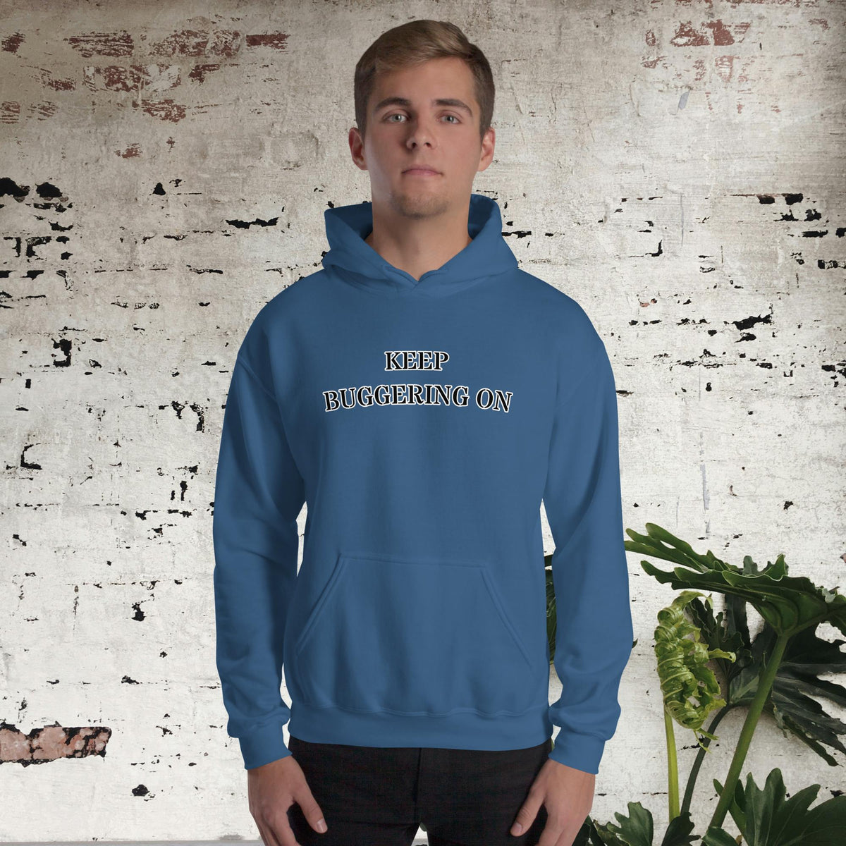 Pig War “Keep Your Potatoes Out of My Boar's Mouth” Unisex Hoodie, indigo blue, front view