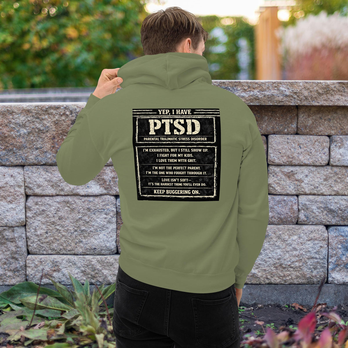 The “KEEP BUGGERING ON” Heavyweight Dad Hoodie — KBO GRIT EDITION, military green, back view