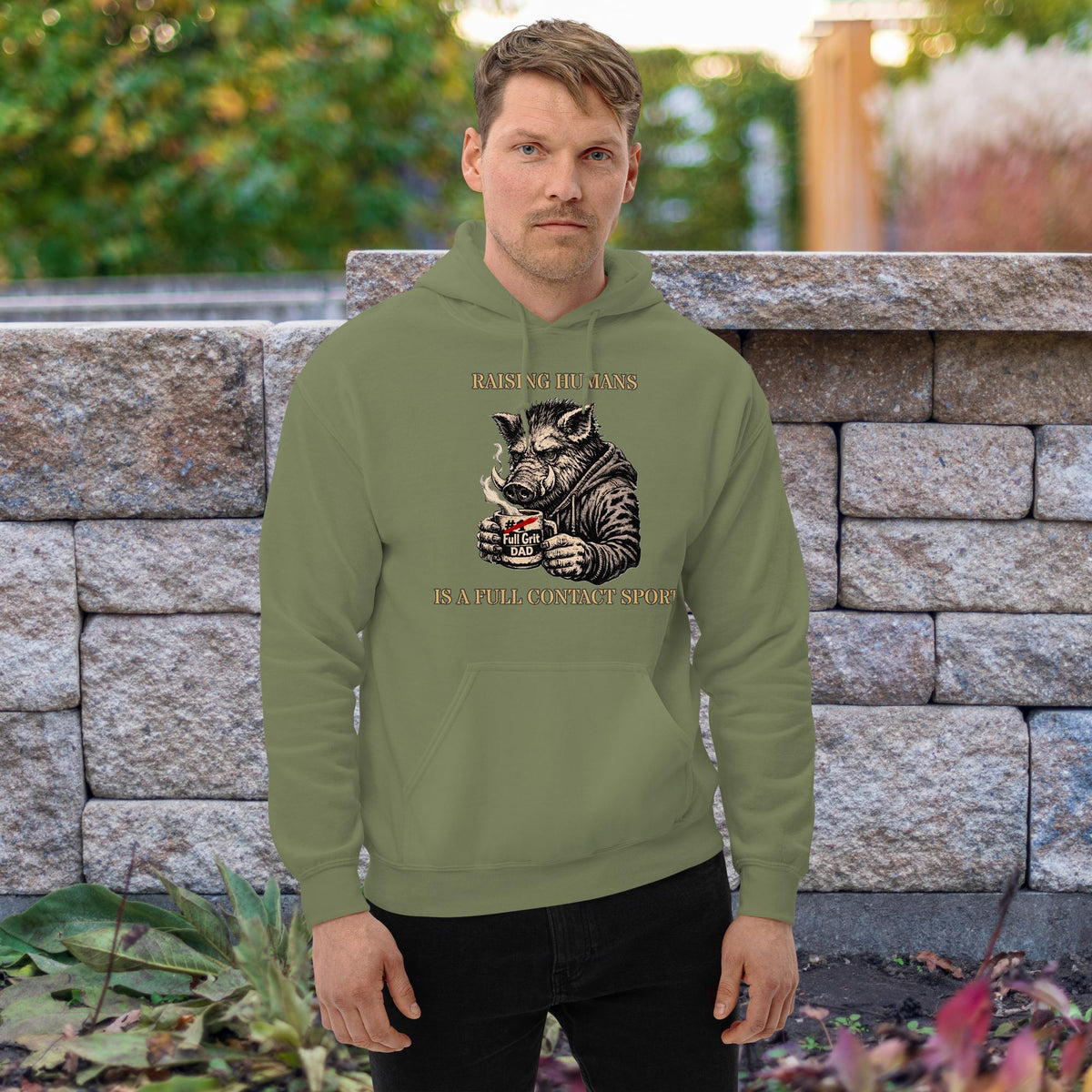 The “KEEP BUGGERING ON” Heavyweight Dad Hoodie — KBO GRIT EDITION, military green, front view