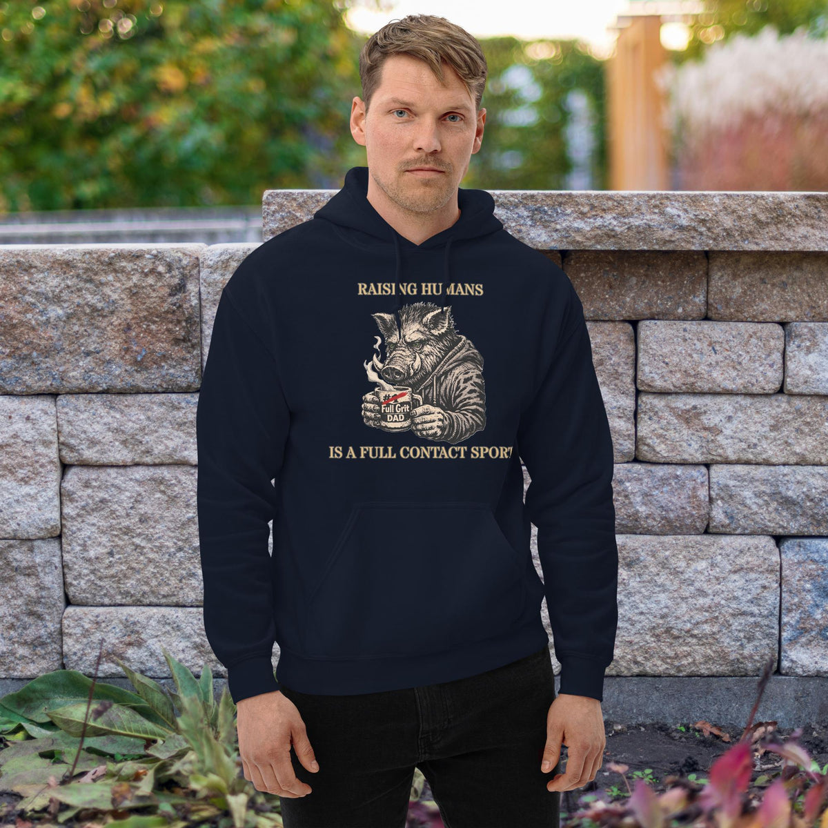 The “KEEP BUGGERING ON” Heavyweight Dad Hoodie — KBO GRIT EDITION, navy, front view