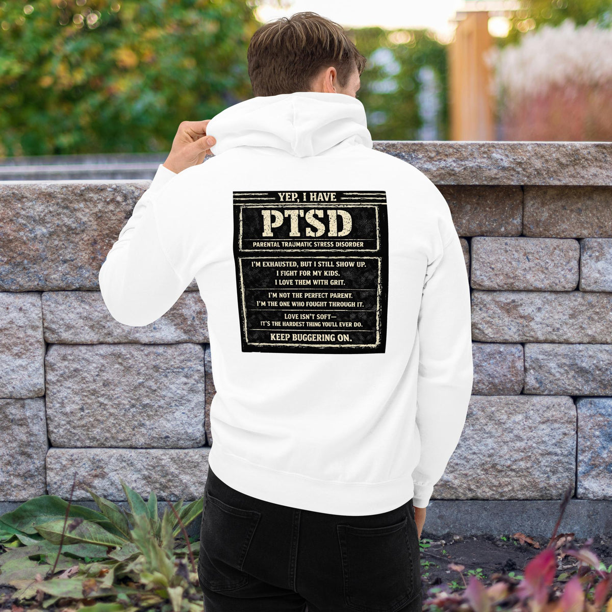 The “KEEP BUGGERING ON” Heavyweight Dad Hoodie — KBO GRIT EDITION, white, back view
