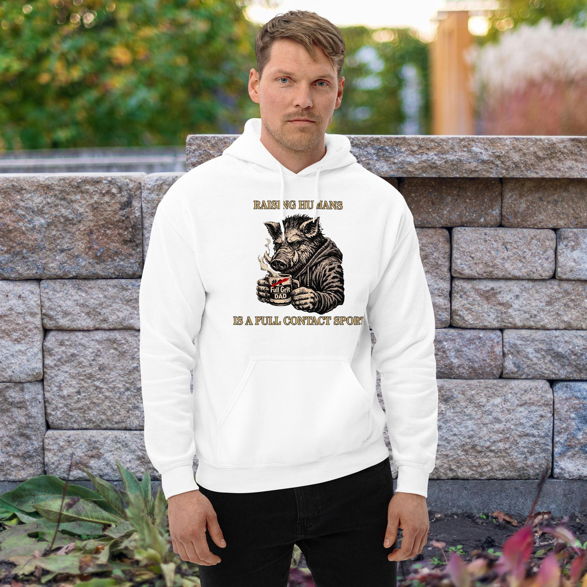 The “KEEP BUGGERING ON” Heavyweight Dad Hoodie — KBO GRIT EDITION, white, front view
