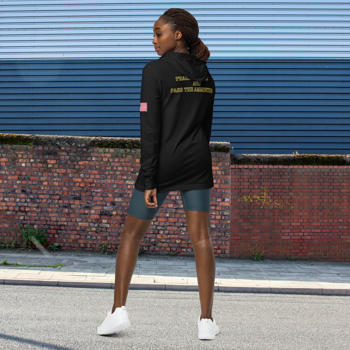 Praise the Lord and Pass the ammunition Hooded long-sleeve Unisex tee, black, back view