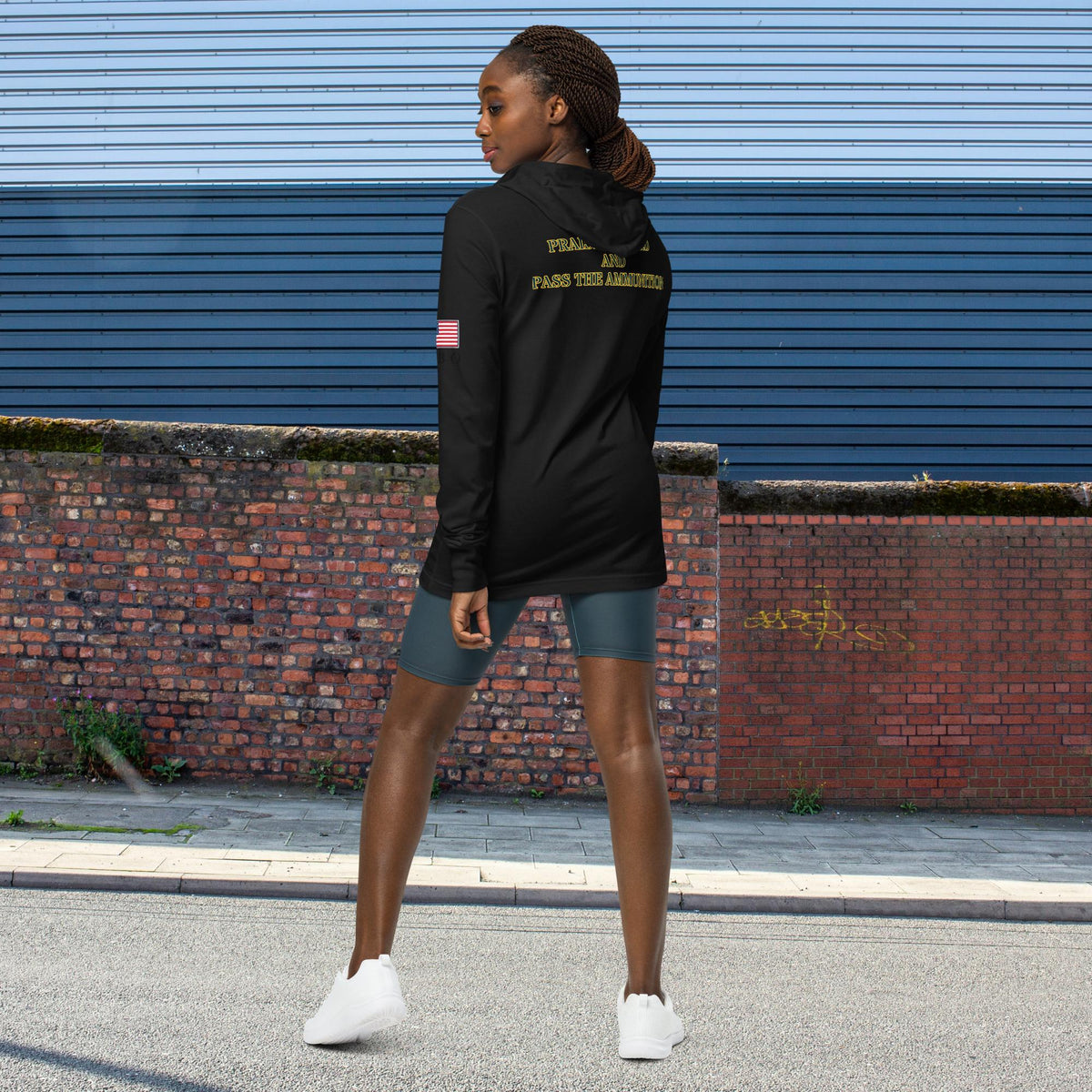 Praise the Lord and Pass the ammunition Hooded long-sleeve Unisex tee, black, back view