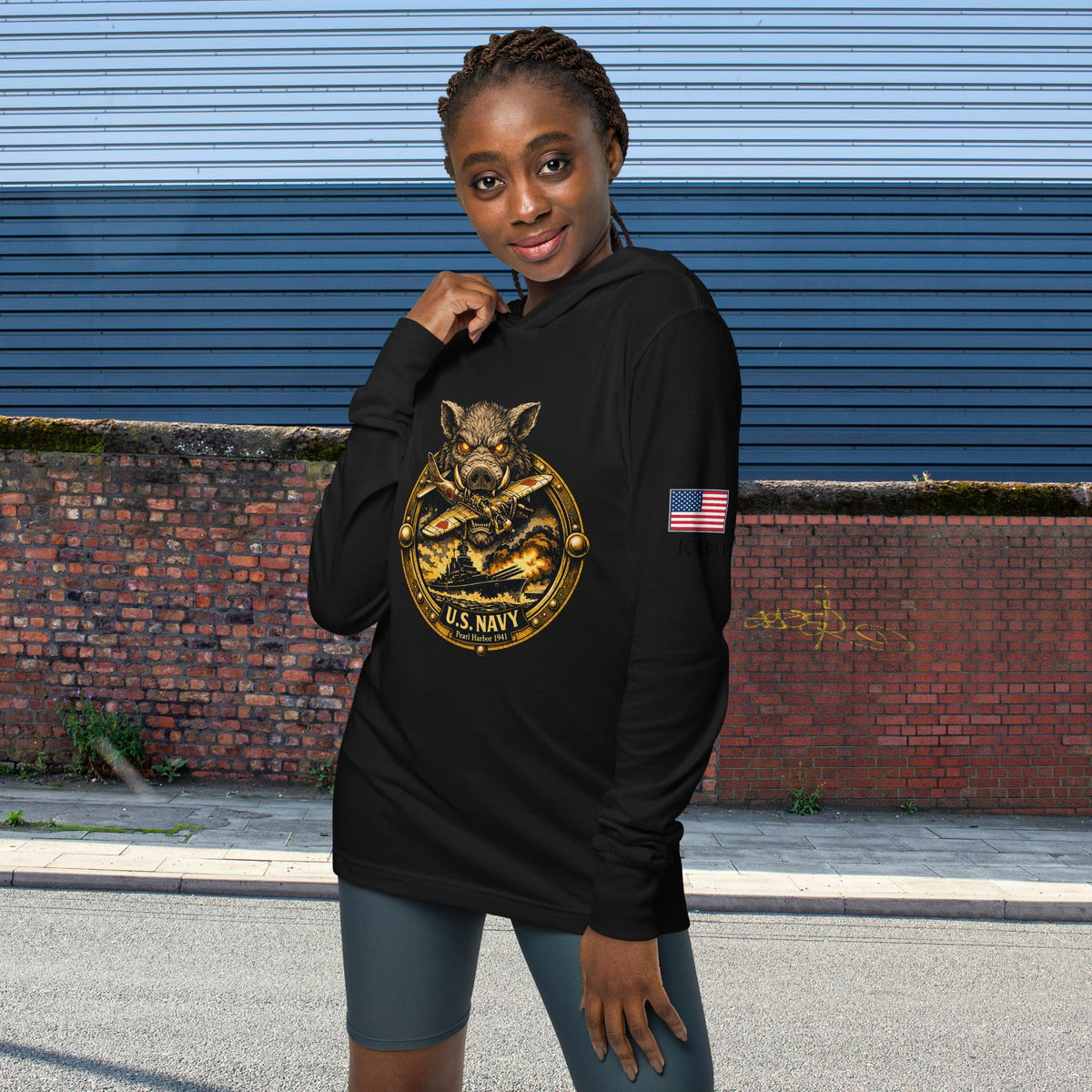 Praise the Lord and Pass the ammunition Hooded long-sleeve Unisex tee, black, front view