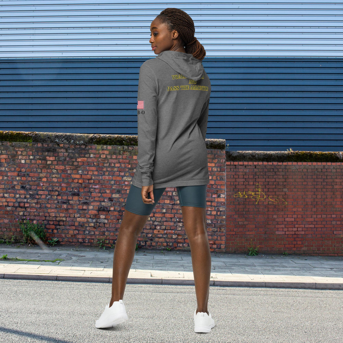 Praise the Lord and Pass the ammunition Hooded long-sleeve Unisex tee, grey, back view