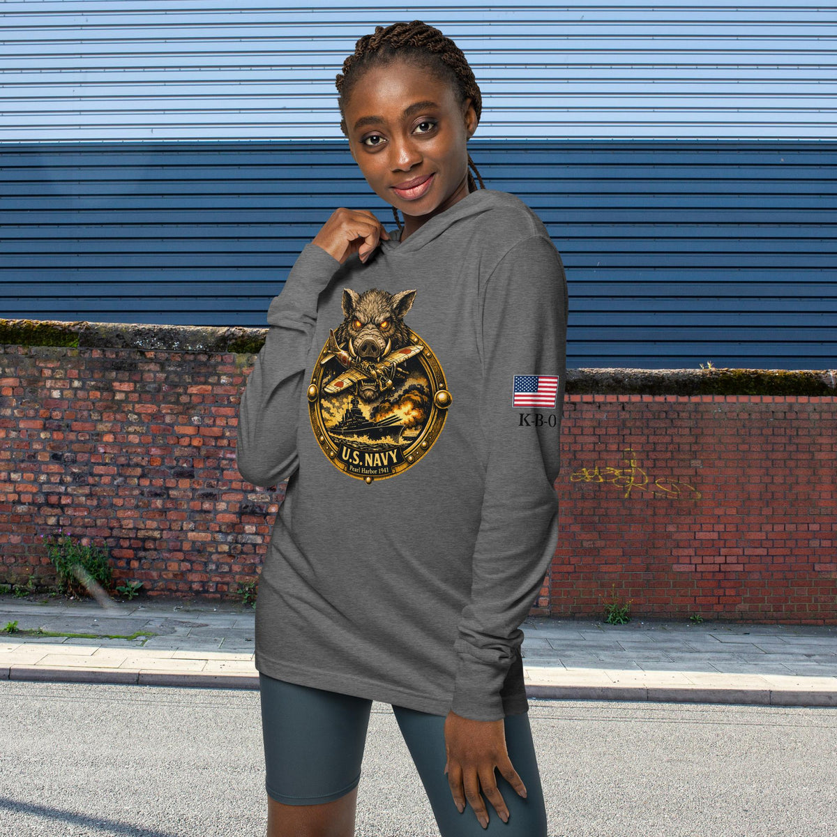 Praise the Lord and Pass the ammunition Hooded long-sleeve Unisex tee, grey, front view