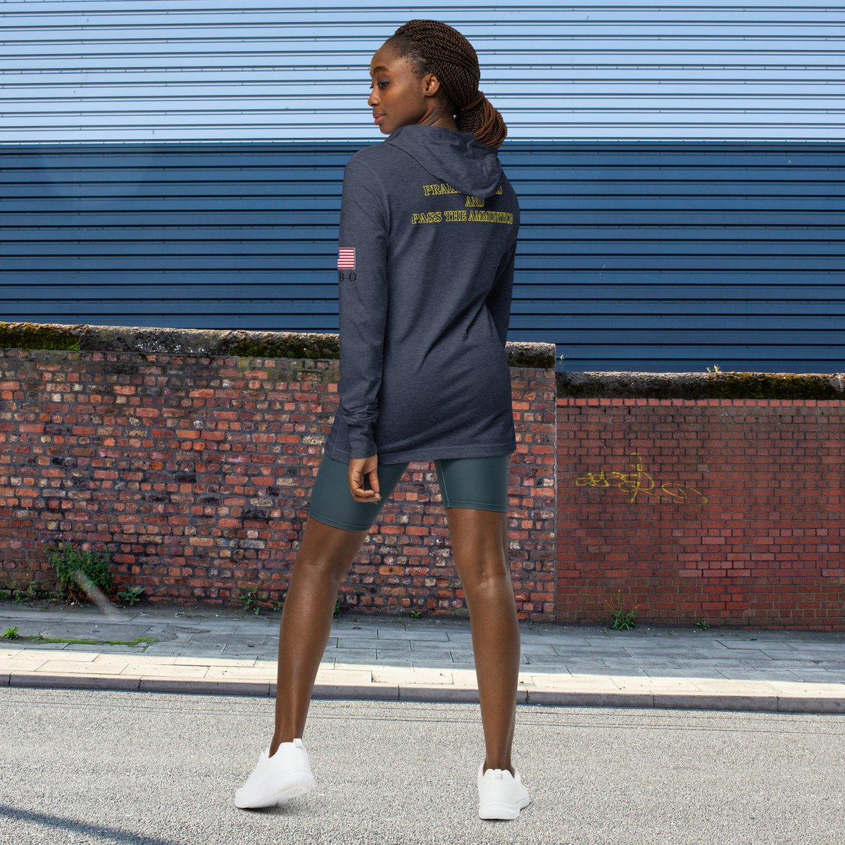 Praise the Lord and Pass the ammunition Hooded long-sleeve Unisex tee, heather navy, back view