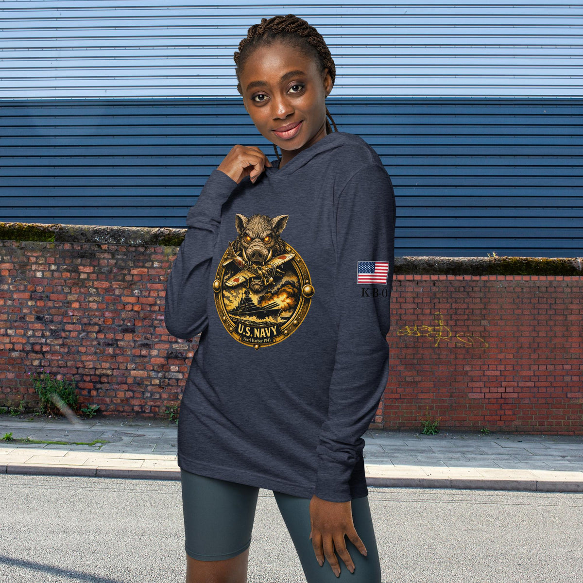Praise the Lord and Pass the ammunition Hooded long-sleeve Unisex tee, heather navy, front view