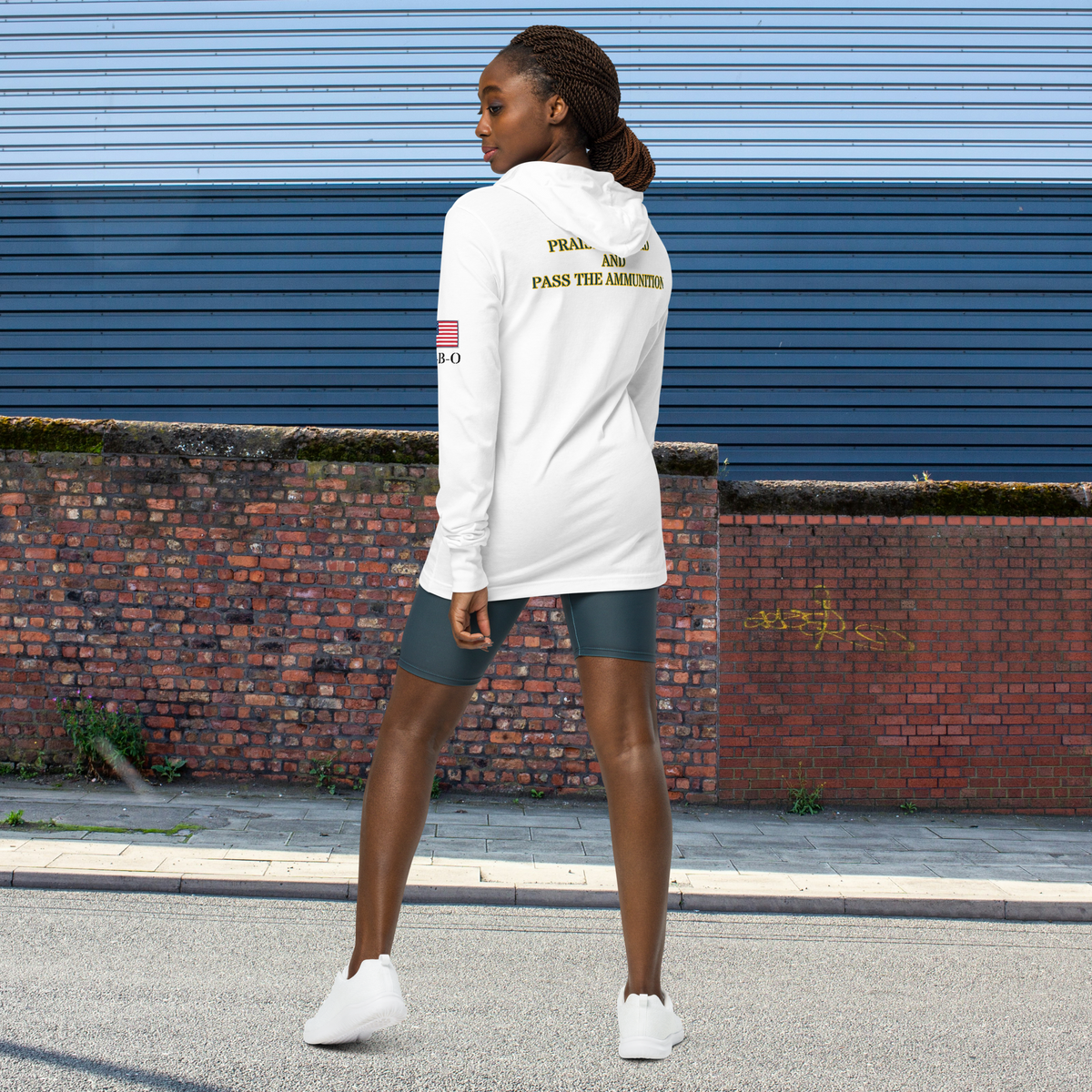 Praise the Lord and Pass the ammunition Hooded long-sleeve Unisex tee, white, back view