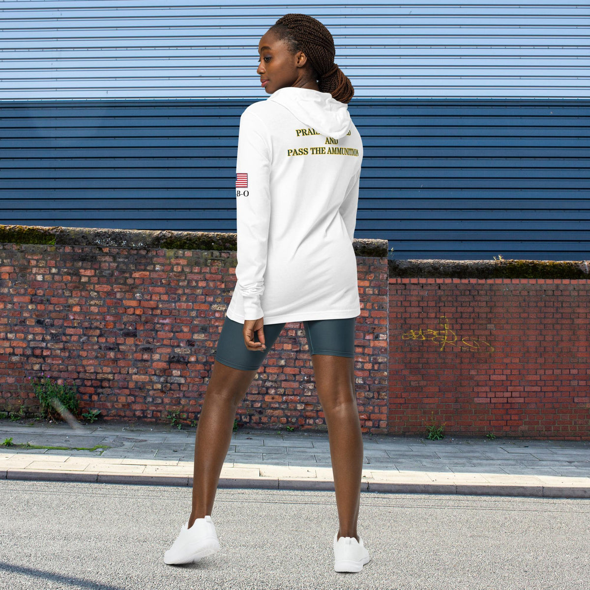 Praise the Lord and Pass the ammunition Hooded long-sleeve Unisex tee, white, back view