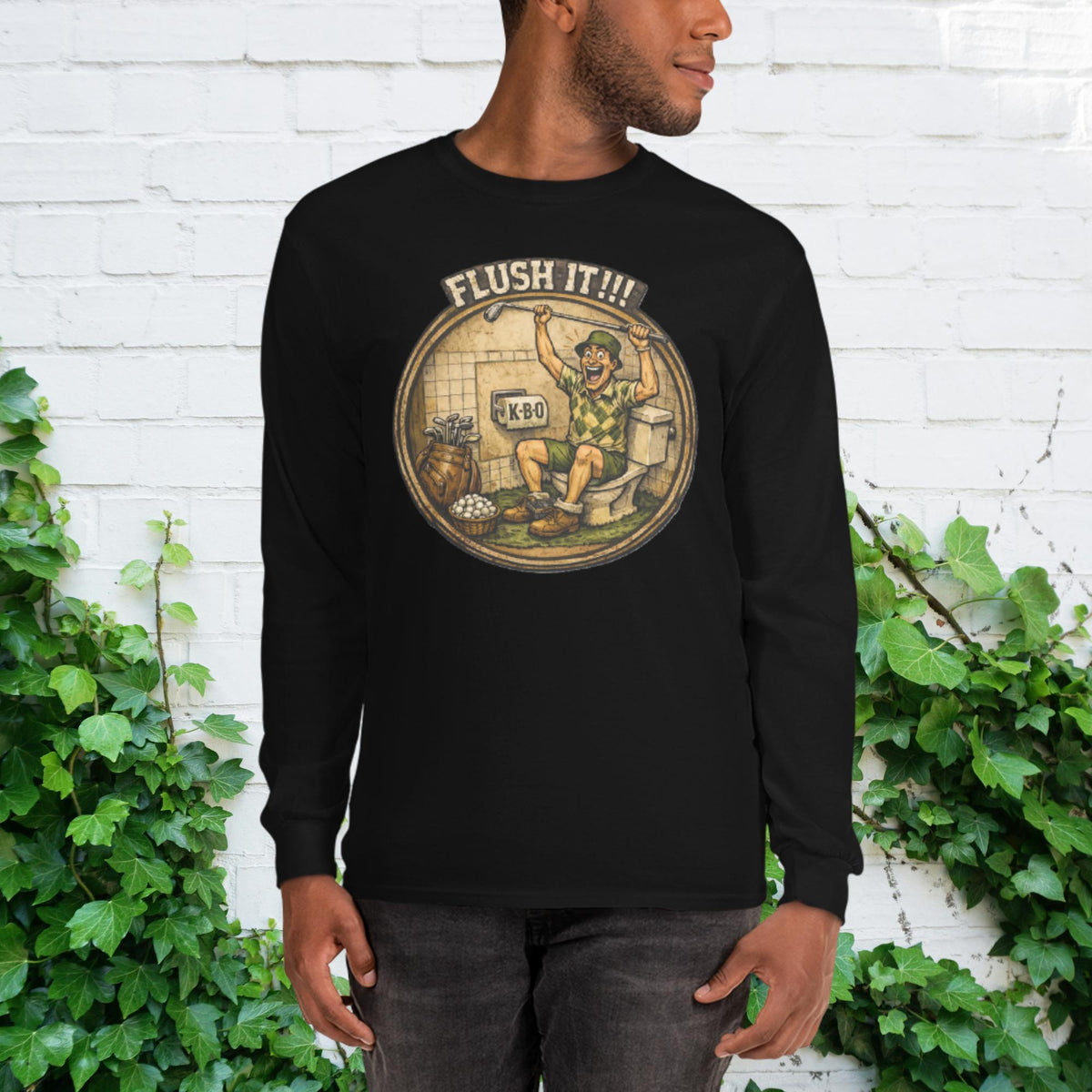 “Flush It!!!” Unisex Long Sleeve Shirt – Humorous Golfer Gift, black, front view