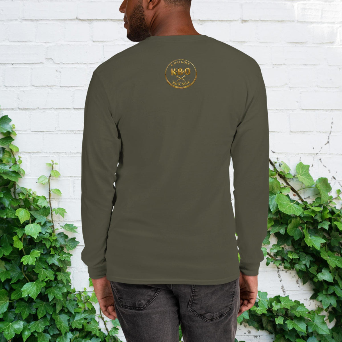 “Flush It!!!” Unisex Long Sleeve Shirt – Humorous Golfer Gift, military green, back view