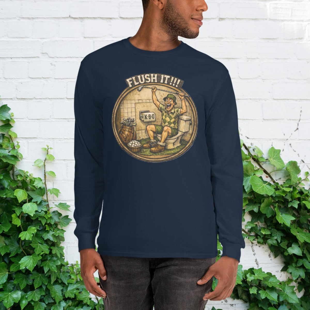 “Flush It!!!” Unisex Long Sleeve Shirt – Humorous Golfer Gift, navy, front view