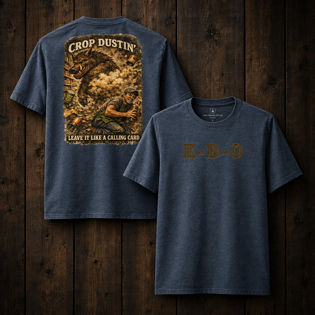 KBO A Signature Exit: “Crop Dustin’” Organic Unisex Graphic Tee, dark heather blue, front and back view