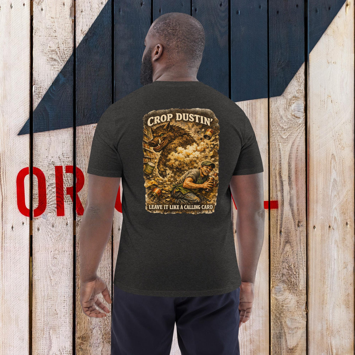 KBO A Signature Exit: “Crop Dustin’” Organic Unisex Graphic Tee, dark heather grey, back view